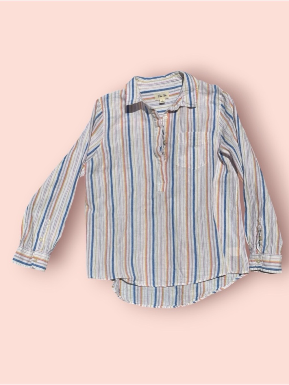 Per Se Linen Blend Stripped Button Long Sleeve Shirt